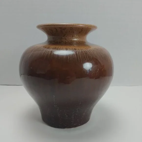 Brown Drip Glazed Pottery Art Vase 6.5" Home Decor - Picture 2 of 8